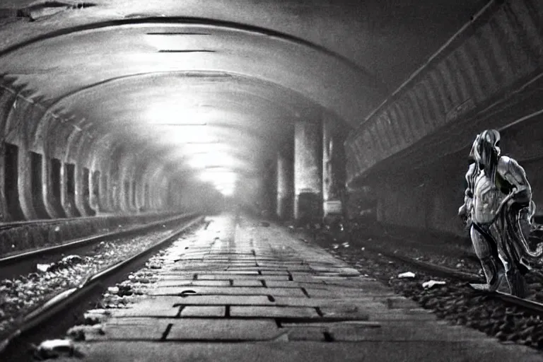 Prompt: very large giant mutant zombie irradiated an ifected with cancer and worms angry rat staying on railways in tonnel of moscow subway. extreme high detail, very realistic. low dark light, scary mood.