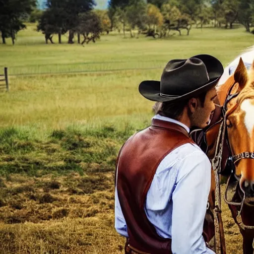 Prompt: a very sad cowboy because his horse's leaving at a horse party