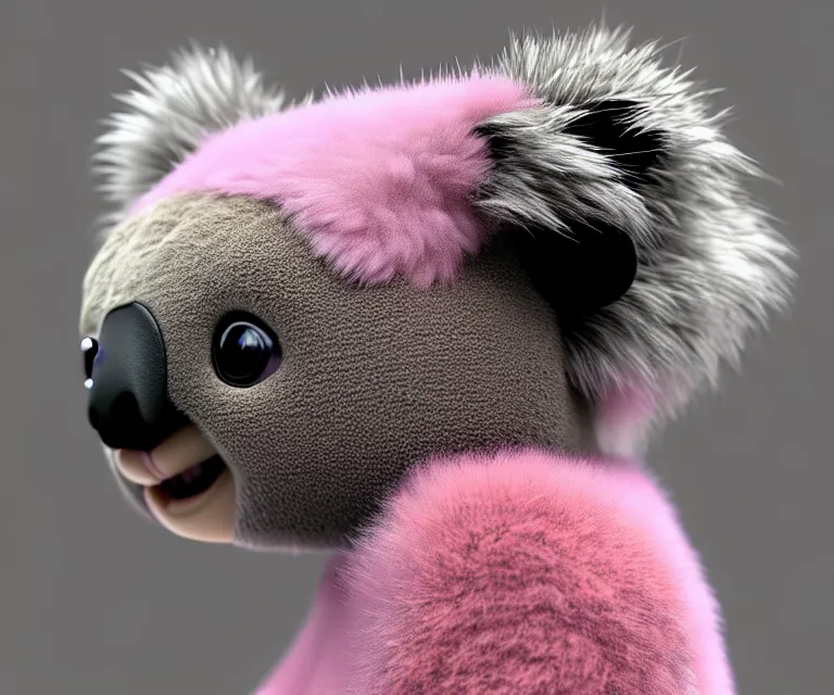 Prompt: high quality 3 d render hyperrealistic very cute small koala, plush mascot, short spiky dense fluffy smooth hair, photo from the side, pink fluffy fur, 1 5 0 mm, beautiful natural soft light, rim light, vray, smooth background, artstation, ultra detailed