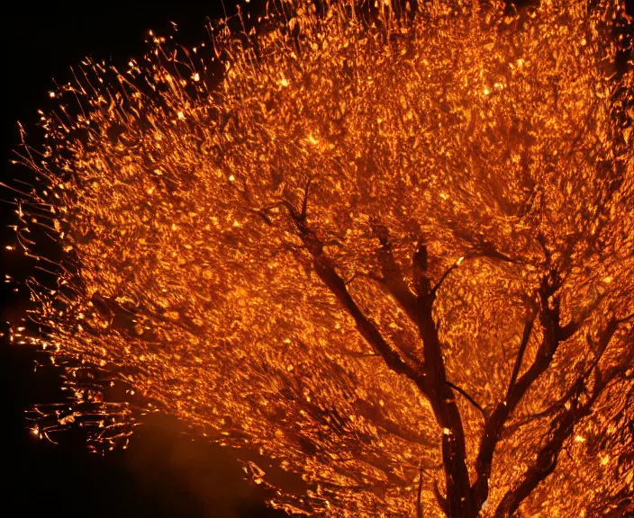 Image similar to 4 k hd, high detail photograph of blossoming tree surrounded by fire, shot with sigma f / 4. 2, 2 5 0 mm sharp lens, wide shot, consistent, volumetric lighting, high level texture render