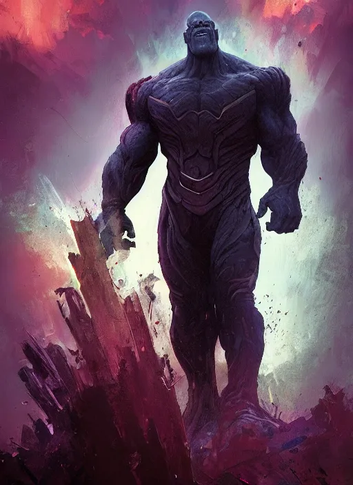 Image similar to dark Thanos standing on post apocalyptic battlefield, grinning emperor of the world, action pose, dramatic lighting, high contrast, cosmic horror, abstract, masterpiece, trending on ArtStation, by Greg Rutkovski and by Craig Mullins and by David Cronenberg and by Ismail Inceoglu