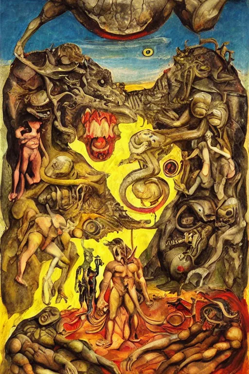 Prompt: surreal the temptation of st anthony, in a post apocalyptic hellscape, esoteric symbolism, intense emotional power, red yellow black, palette knife oil painting by peter booth, josh kirby and william blake