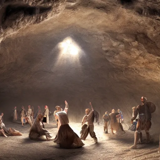 Prompt: medieval people dancing in a cave, there are crystals on the ceiling and on the ground, matte painting, 4k, very detailed