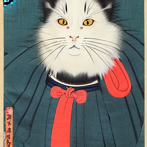 Image similar to beautiful portrait ukiyo - e painting of an ginger maine coon with white beard by kano hideyori, kano tan'yu, kaigetsudo ando, miyagawa choshun, okumura masanobu, kitagawa utamaro