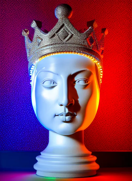 Image similar to queen chess piece photo, beautiful crown of led point lights, pearlescent skin, skin made of led point lights, very detailed, highly detailed background, reflective chessboard, photorealism, sharp focus, photorealism,sculpture , soft diffuse autumn lights, some sunlight ray, dark room wall, canon 5D 50 mm lens