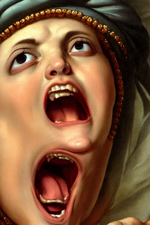 Image similar to beautiful woman, screaming face, closeup, dressed in roman clothes, ultra detailed, art by Guido Reni style