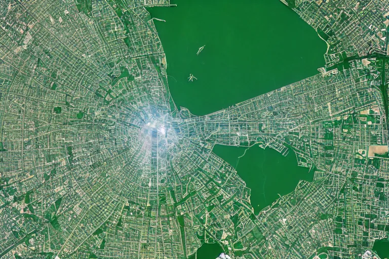 Image similar to satellite image of a large Soviet city with a large square green park in the middle