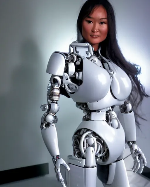 Image similar to blissful young tia carrere as a solarpunk mecha humanoid robotic parts with bright led lights, real human face, pudica pose gesture, by michelangelo, in white room, ultra - realistic and intricate, portrait shot 8 k