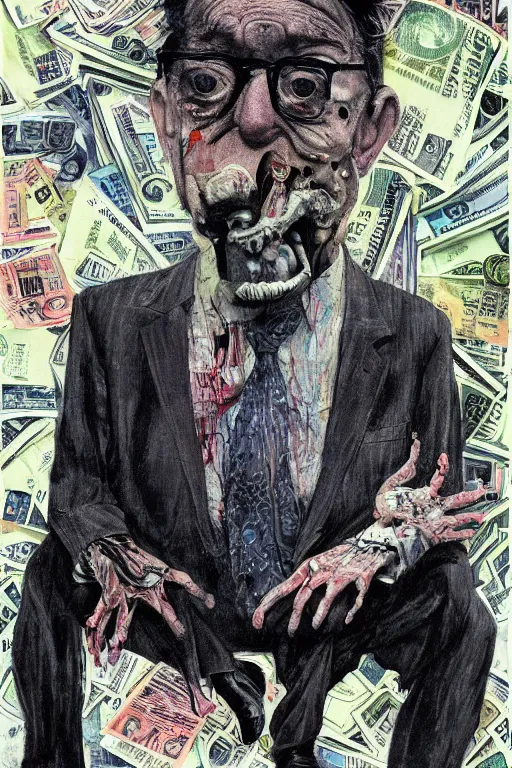 Image similar to George Soros full body shot, dollar bills Body horror, biopunk, by Ralph Steadman, Francis Bacon, Hunter S Thompson