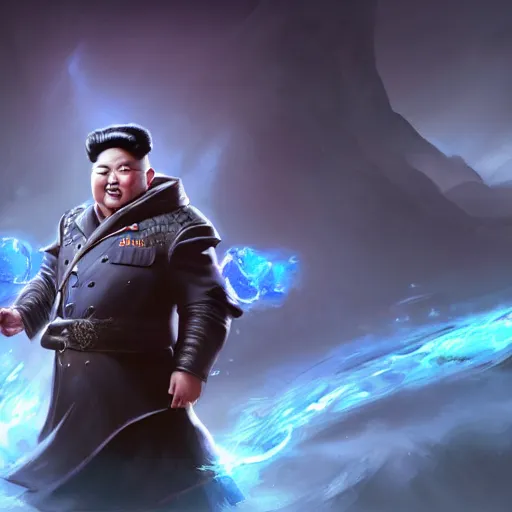 Image similar to portrait of kim - jong un as a spellcaster and mage, league of legends amazing splashscreen artwork, splash art, natural light, elegant, photorealistic facial features, intricate, fantasy, detailed face, atmospheric lighting, anamorphic lens flare, cinematic lighting, league of legends splash art, hd wallpaper, ultra high details by greg rutkowski