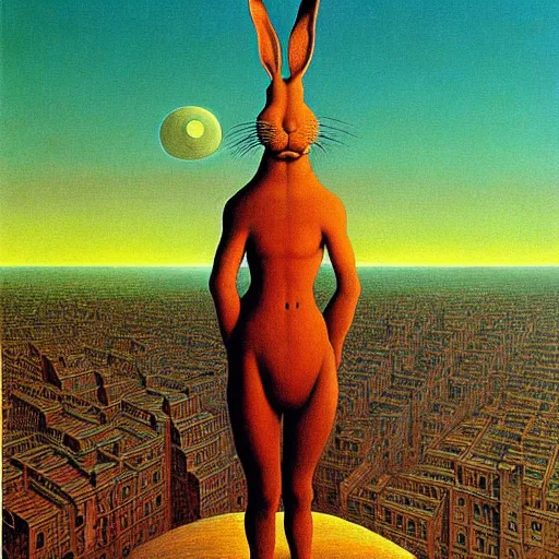 Image similar to a giant rabbit stands over a city painting by beksinski, by larry elmore, dali and barlowe colors. masterpiece painting