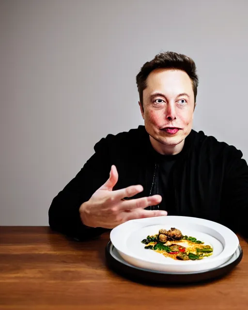 Prompt: a portrait of elon musk sitting at the dining table with a plate containing idli and sambar in front of him, highly detailed, trending on artstation, bokeh, 9 0 mm, f / 1. 4