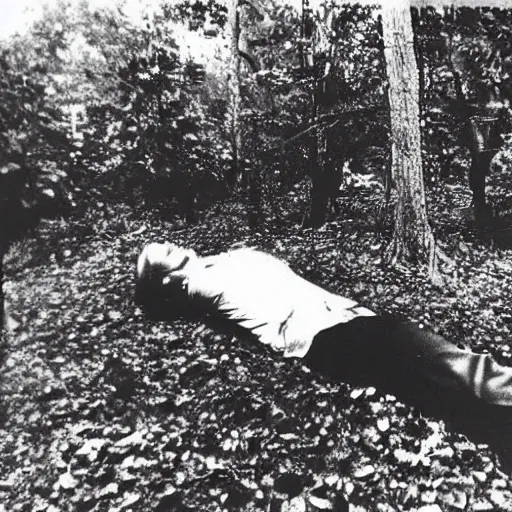 Image similar to old creepy photo with a lifeless body hovering above the trees