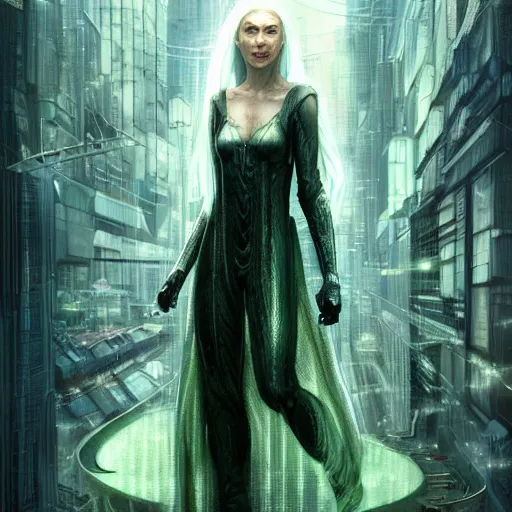 Image similar to cyberpunk galadriel, ethereal, wide shot, Lord of the Rings, Neuromancer, science fantasy, portrait, cityscape background, highly detailed, digital painting, artstation, concept art, sharp focus, illustration, art by artgerm and greg rutkowski and magali villeneuve, white and green color scheme