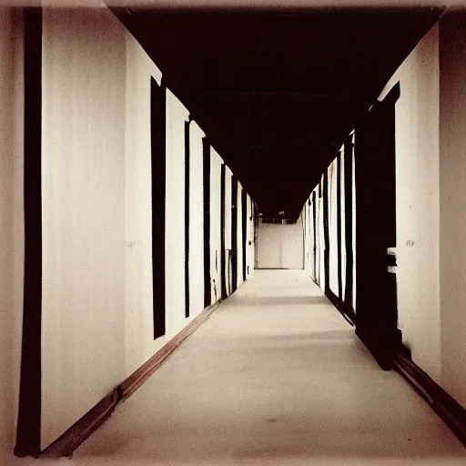 Prompt: a long white hallway with one red door at the end, old polaroid, expired film, liminal space,