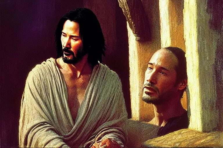 Prompt: keanu reeves as jesus christ in “ the last temptation of christ ” ( 1 9 8 8 ). oil painting in the style of edward hopper and ilya repin gaston bussiere, craig mullins, j. c. leyendecker. warm colors. detailed and hyperrealistic. concept art