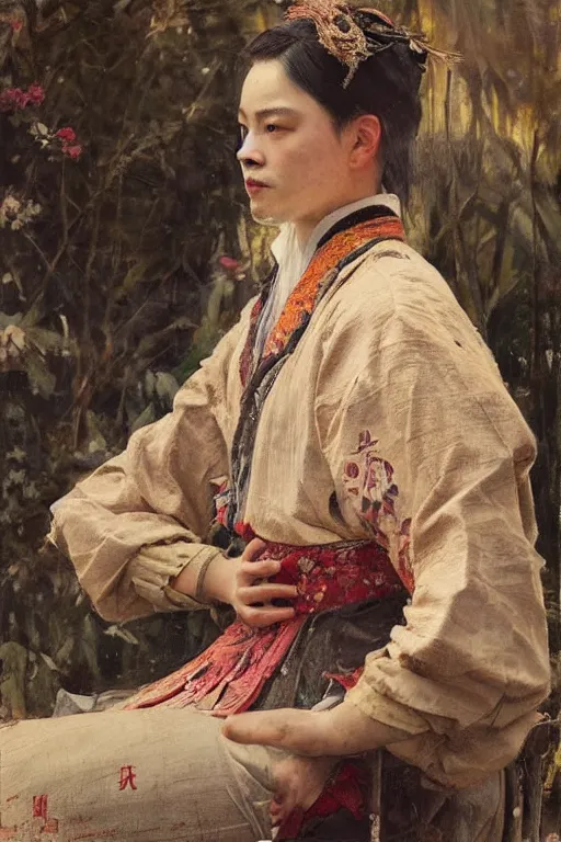 Image similar to di caprio by Solomon Joseph Solomon and Richard Schmid and Jeremy Lipking victorian genre painting full length portrait painting of 张国荣 in traditional costume