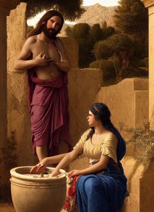 Image similar to beautiful art portrait by John William Godward and Anna Dittman depicting jesus and the samaritan woman at the well in the judean countryside, evening, atmospheric lighting, intricate detail, cgsociety, hyperrealistic, octane render, ambient light, dynamic lighting