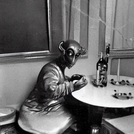 Prompt: an alien sits at a table on new year's eve in a soviet union apartment, top secret style, old photo
