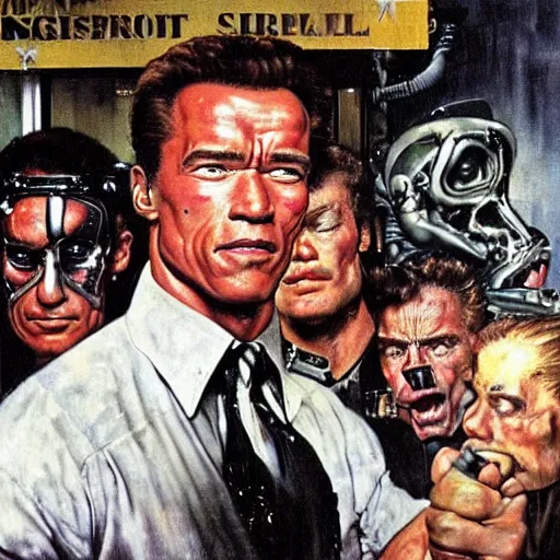 Image similar to arnold schwarzenegger as the terminator is refused entry to a nightclub by a doorman, who fears a repeat of last time, painted by norman rockwell and tom lovell and frank schoonover