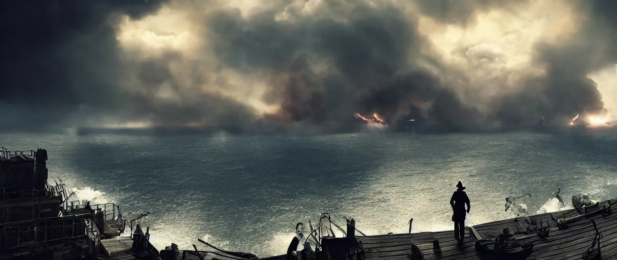 Image similar to a pirate standing on his ship watching big explosions on the sea, beautiful dramatic moody lighting, cinematic atmosphere, high detail, 8k, ornate, dark fantasy, masterpiece, complex, film still from the movie directed by Denis Villeneuve with art direction by Gregory Crewdson, Joel Sternfeld