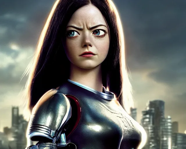 Prompt: a film still from battle angel alita played by actress emma stone, portrait, beautiful, cinematic lighting, photorealistic, hyperrealistic, highly detailed, close - up, high resolution, 4 k