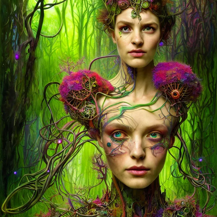 Image similar to bright psychedelic portrait of organic cyborg covered in moss in an ancient forest, diffuse lighting, fantasy, intricate, elegant, highly detailed, lifelike, photorealistic, digital painting, artstation, illustration, concept art, smooth, sharp focus, art by John Collier and Albert Aublet and Krenz Cushart and Artem Demura and Alphonse Mucha