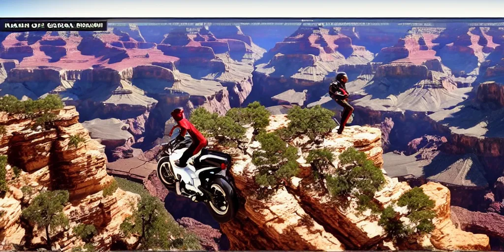 Image similar to a man on a motorcycle jumping the Grand Canyon, wide angle, super highly detailed, professional digital painting, artstation, concept art, smooth, sharp focus, no blur, no dof, extreme illustration, Unreal Engine 5, Photorealism, HD quality, 8k resolution, cinema 4d, 3D, beautiful, cinematic, art by artgerm and greg rutkowski and alphonse mucha and loish and WLOP