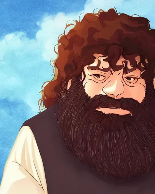 Image similar to Rubeus Hagrid in anime style, portrait of fantasy man, detailed realistic beautiful, lofi colors, smooth, artistic, mellow and soft, sharpen high quality, in style of Ghibli