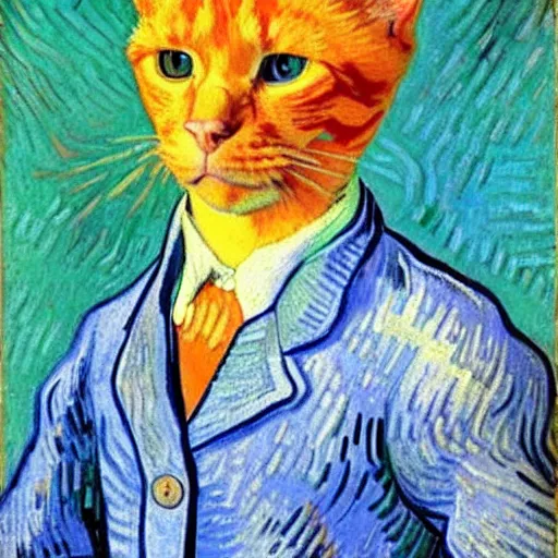 Image similar to a portrait of a ginger orange cat, wearing a light blue suit, by Vincent Van Gogh