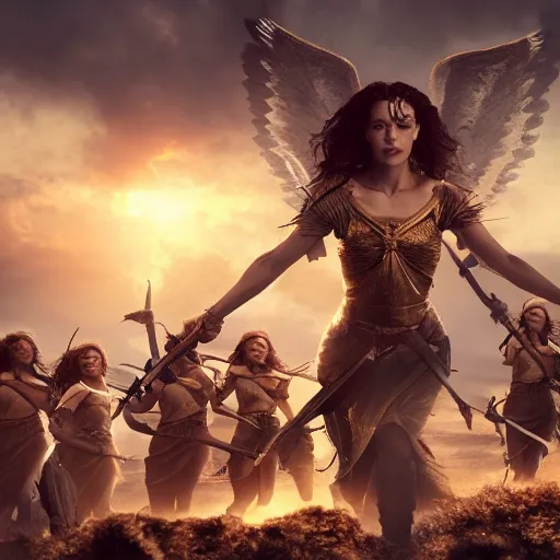 Prompt: the goddesses fraya going to war with her army of valkyries, golden hour, 8 k uhd, high detail, awe - inspiring.