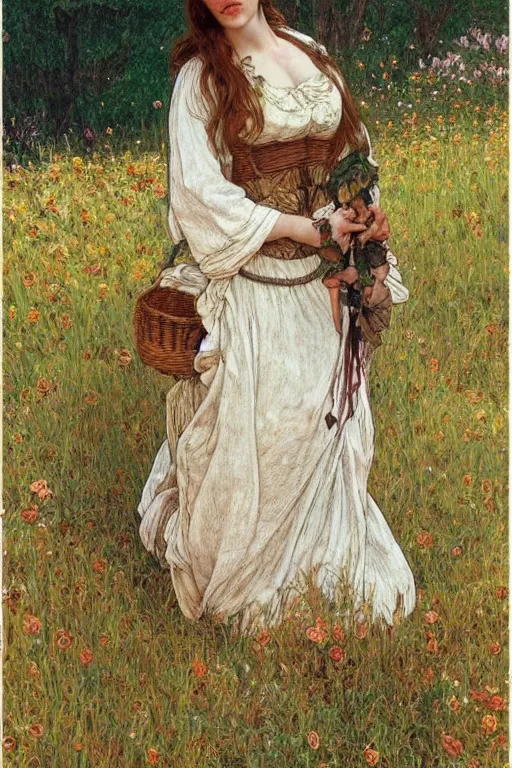 Image similar to beautiful natural coy liv tyler cottagecore peasant maiden farmer girl by the riverside, intricate, elegant, highly detailed, digital painting, artstation, concept art, smooth, sharp focus, illustration, art alphonse mucha and james gurney and egon schiele