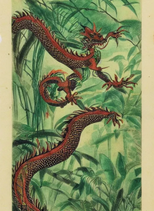 Image similar to vintage chinese dragon in a tropical forest, john james audubon, intaglio, sharp focus