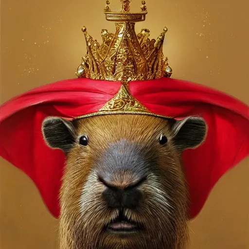 Prompt: detailed photorealistic painting of a capybara wearing a highly detailed ornamented gold crown with diamonds, in a medieval knight armor with red cape , holding a chess piece, sharp focus in the style of ruan jia, Mandy jurgens, cinematic light, concept art, trending on artstation, ultra realistic