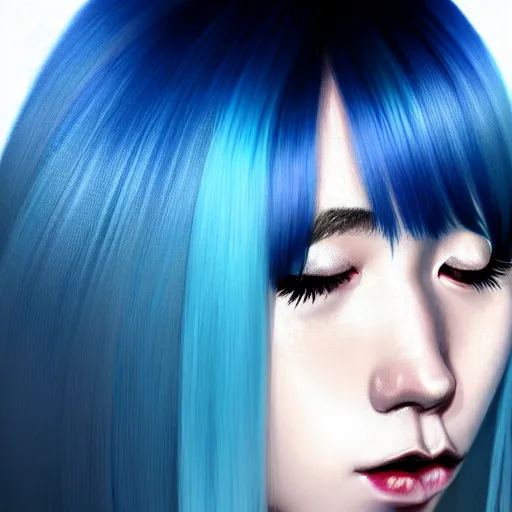 Image similar to full face shot of rimuru tempest, sky blue straight hair, long bangs, with amber eyes, wearing a black jacket, high collar, ultra detailed, concept art, award winning photography, digital painting, cinematic, wlop artstation, closeup, pixiv, evil, yoshitaka amano, andy warhol, ilya kuvshinov,