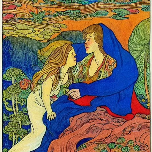 Image similar to a young couple who moved to another planet, hot weather, full growth, by Ivan Bilibin, Russian fairytales illustration