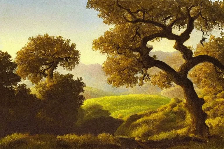 Image similar to masterpiece painting of oak trees on a hillside overlooking a creek, dramatic lighting, by lemoine fitzgerald