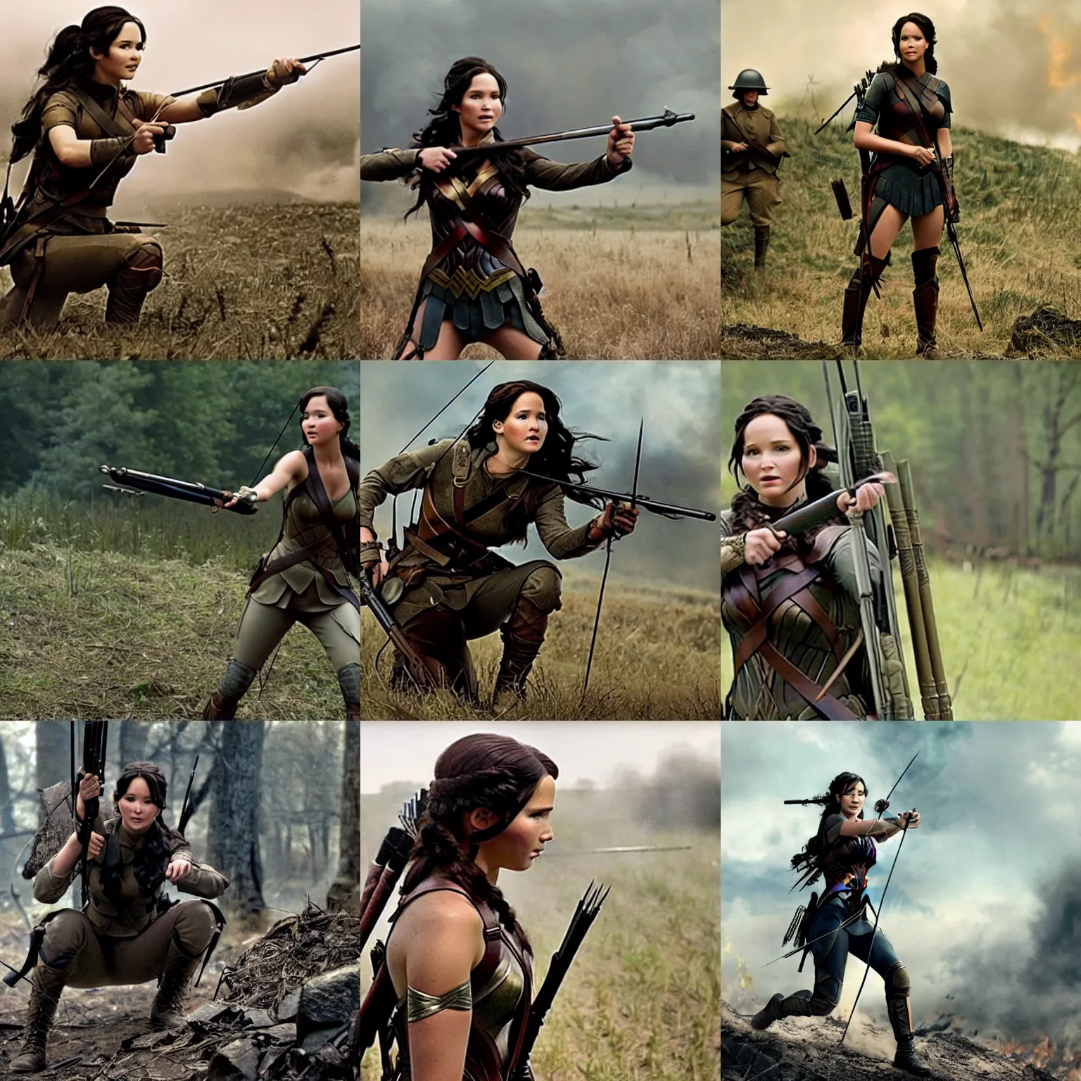 Prompt: katniss everdeen as wonder woman, in a ww 1 battlefield, film still from'wonder woman'