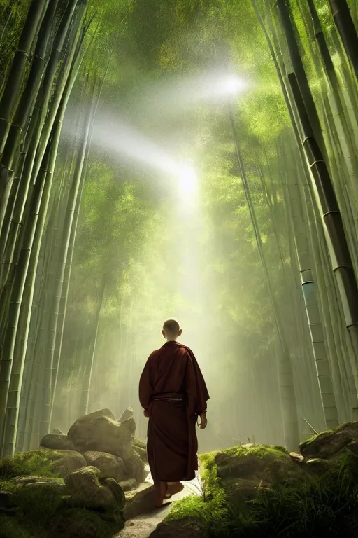 Prompt: mendicant monks of the fuke school of zen buddhism wearing a straw basket on his head in a mysterious japanese bamboo forest with light shafts, atmospheric lighting, by greg rutkowski, ultra realistic, concept art, intricate details, highly detailed, photorealistic, octane render, 8 k, unreal engine