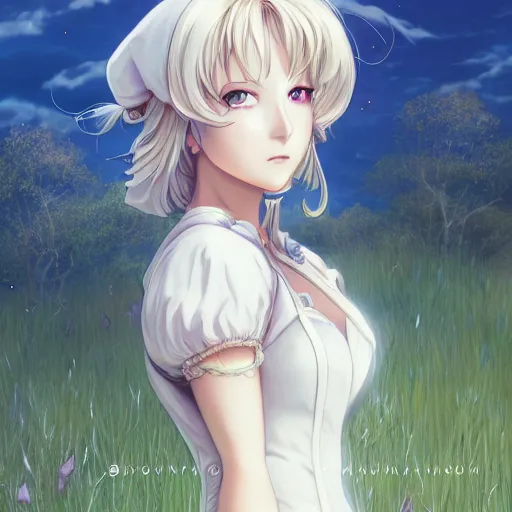 Image similar to portrait of lady avalon sitting in the field of utopia of avalon, anime fantasy illustration by tomoyuki yamasaki, kyoto studio, madhouse, ufotable, square enix, cinematic lighting, trending on artstation