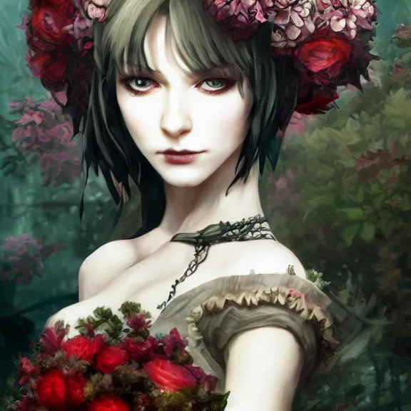 Image similar to goth christina hendricks with flowers in her hand, tankoban, 4 k, tone mapping, akihiko yoshida, james jean andrei riabovitchev marc simonetti, yoshitaka amano, long hair, curly, h. hydrochaeri