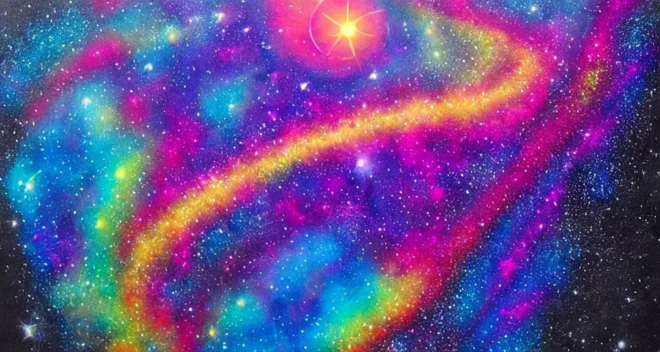 Prompt: galactic mountains surrounded with spiriling sparkling rainbow crystals and galaxies, street art, trending on artstation