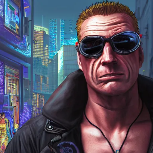 Image similar to [UHD Professor Duke Nukem as a GTA character on the streets of futuristic laserpunk Las Vega, correct face, intricate facial details, symmetrical face, elegant, graphic detail, digital painting, trending on artstation, concept art, tonalism, sharp focus, illustration, art by Akira Toriyama and Greg Rutkowski and Alphonse Mucha]