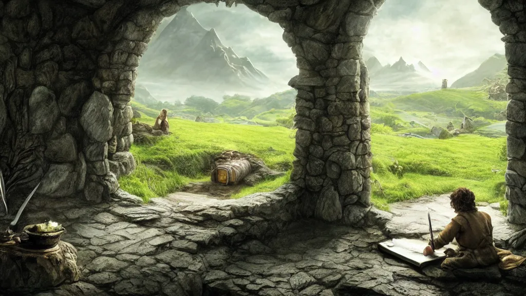 Prompt: frodo writing in his journal inside his hobbit hole bag end at the end of his journey, hobbiton visible through a window, by alan lee, michal karcz, smooth details, lord of the rings, game of thrones, smooth, detailed terrain, oil painting, trending artstation, concept art, fantasy matte painting