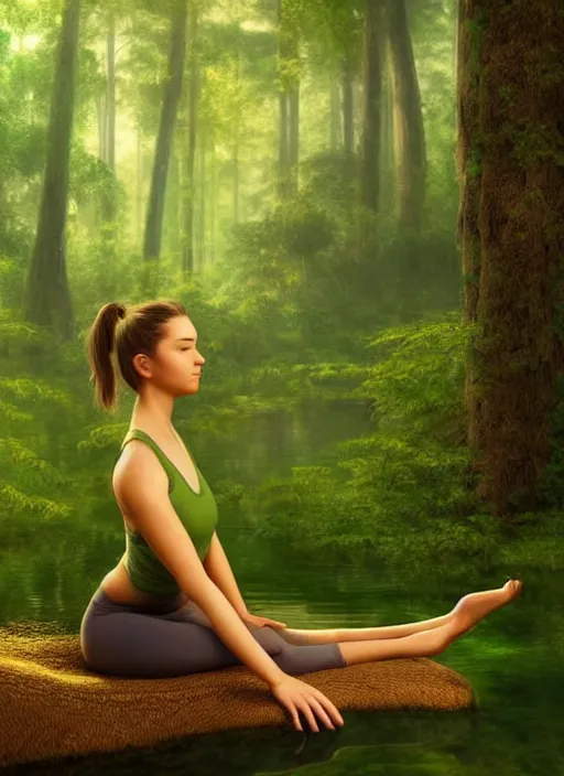 Prompt: young woman sitting in yoga pose : : green - gold nature in forest : : weta disney pixar movie still photo : : decadent highly - detailed digital painting, full length shot, golden ratio, octane render, artstation, smooth, sharp focus, artgerm, mucha, loish, wlop, gogo