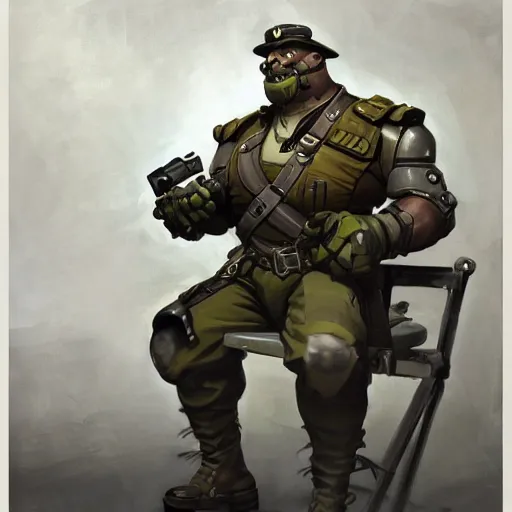 Prompt: greg manchess digital painting of an old dieselpunk orc military officer ( as an overwatch character ) with olive green skin sitting at a desk in his office, organic painting, matte painting, bold shapes, hard edges, street art, trending on artstation, by huang guangjian and gil elvgren and sachin teng