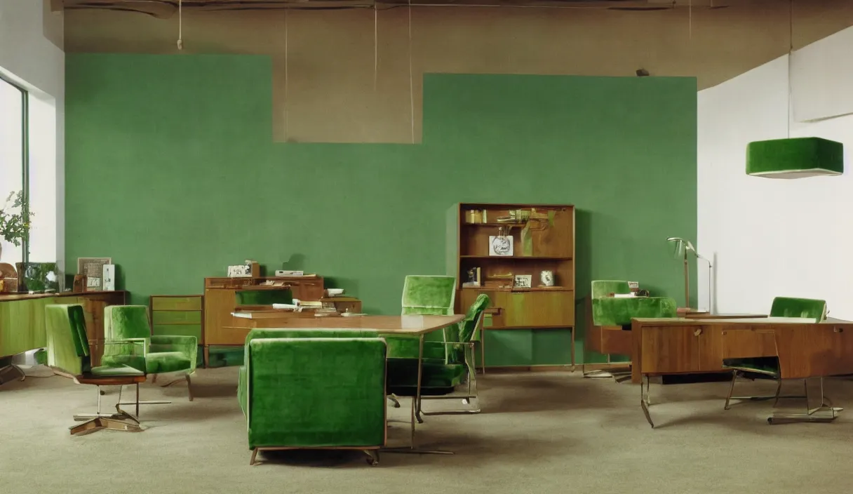 Image similar to a still of severance series indoor 7 0 s green velvet and wood with metal furniture office scenario appearing as a 7 0 s prisunic catalog, in color