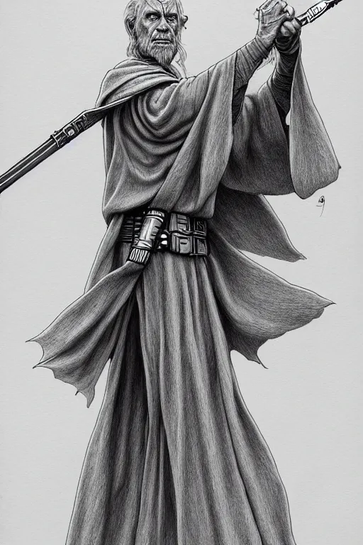 Prompt: a line drawing of an old jedi knight joe fenton, trending on artstation, realistic rendering