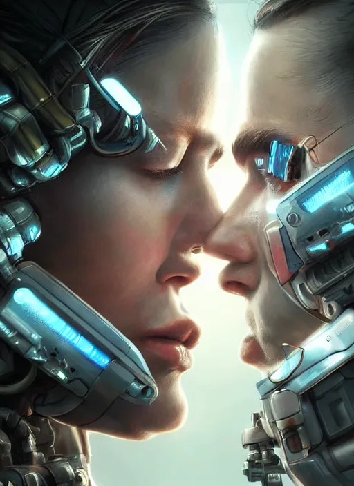 Prompt: ultra realistic extreme close - up of a couple of cyborgs kissing, lovers, cyberpunk, sci - fi, fantasy, kodak, photorealistic illustration, colour led, soft light, volumetric lighting, night, intricate, highly detailed, digital painting, concept art, smooth, sharp focus, illustration, art by artgerm and greg rutkowski and alphonse mucha