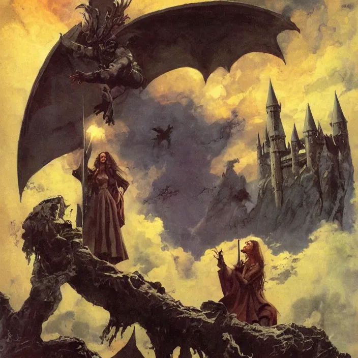 Prompt: female wizard casting morsmordre spell into the sky over hogwarts by frank frazetta